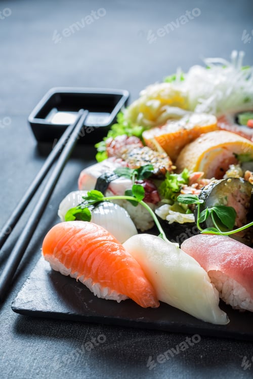 Preview: Tasty and fresh sushi set made of rice and shrimps.