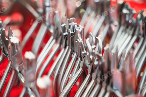 Preview: row of various dental extraction forceps tools on display on red background