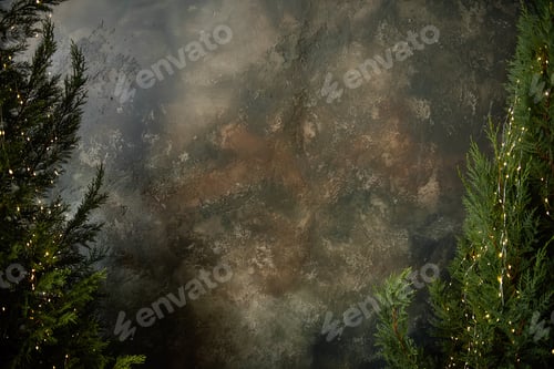 Preview: Green thujas with bright garlands stand in pots against a gray art grunge wall. Christmas background