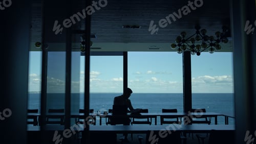 Preview: Businessman silhouette reading papers at sea view. Lawyer checking documents