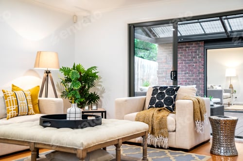 Preview: Comfortable Interior with Couch, Chair and Cushions
