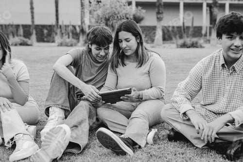 Preview: Young students learning together outside of university while sitting on meadow during summer time