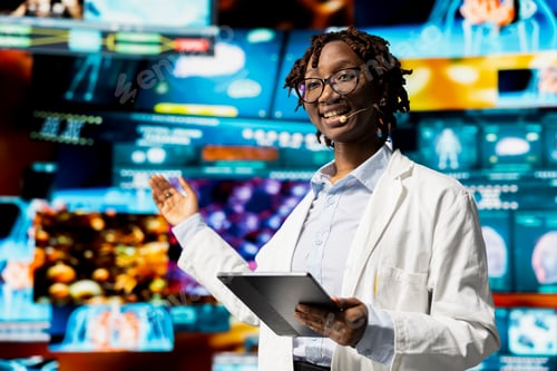 Preview: Smiling researcher doing presentation using medical data charts, talking in mic