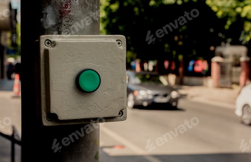 Preview: Closeup shot of a green button on a tube on the street