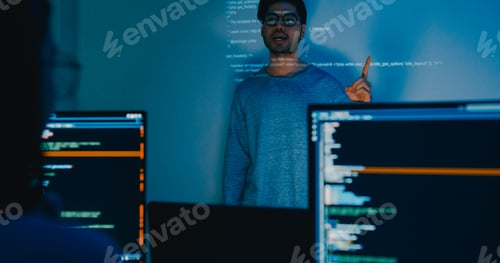 Preview: Group adult Asia male software developers mentor leader manager talk strategy plan to executive.