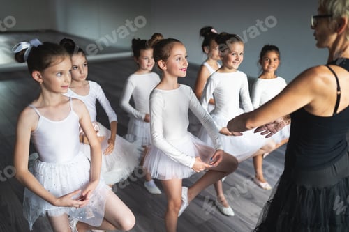 Preview: Ballet teacher and students ballerinas exercising in dance class in school