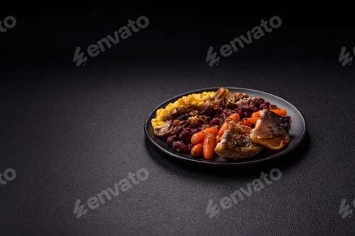 Preview: A colorful vegetarian dish consists of fish, beans, corn, mushrooms