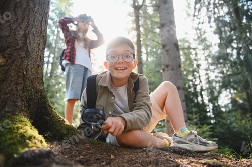 Preview: Young explorers investigating nature during hiking trip in forest