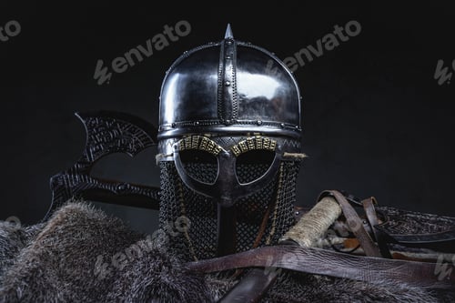 Preview: Studio shot of knight helmet around axe and fur