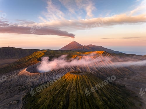 Preview: Aerial view Mount Bromo active volcano at sunrise, East Java, Indonesia