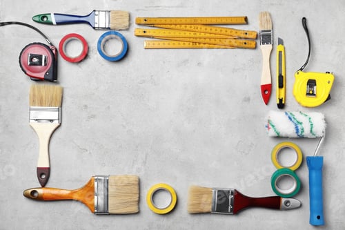 Preview: Set of decorator's tools on grey background, flat lay