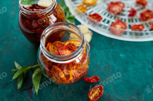 Preview: Homemade sun dried tomatoes with herbs, garlic in olive oil in a glass jar
