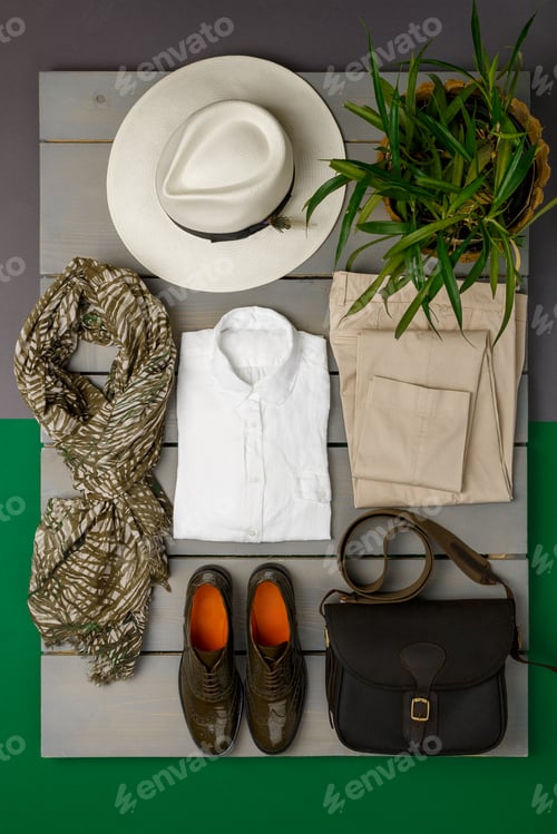 Preview: Women's outfit on wooden background. fashion clothes.