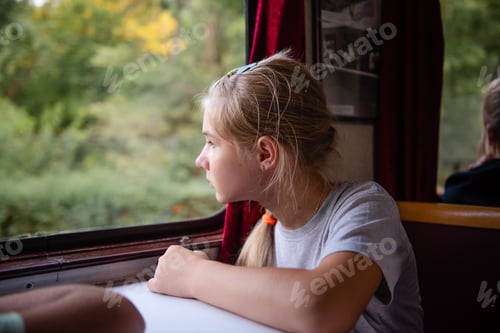 Preview: Teenage girl is looking at the window while travelling by train.