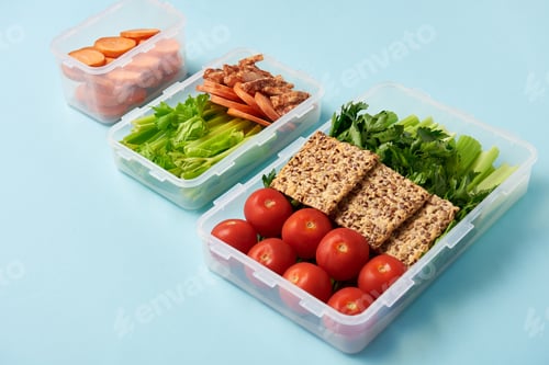 Preview: close up view of arrangement of food containers full of fresh healthy food background