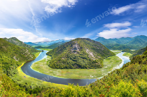 Preview: Fantastic view of the Crnojevic river bend around green mountain peaks on a sunny day