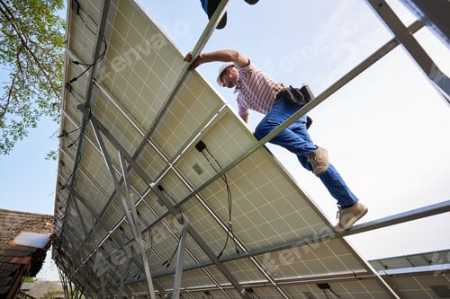 Preview: Stand-alone exterior solar panel system installation, renewable green energy generation concept.
