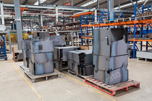 Preview: Modern warehouse with metallic material for production goods
