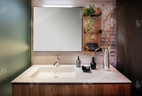 Preview: Modern sink and mirror in a small stylish bathroom with plants adding a touch of nature