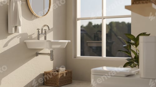 Preview: Minimal white bathroom with sink, mirror and towel on white wall and window with nature view
