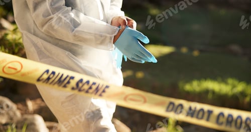 Preview: Forensic, gloves and police tape at crime scene for investigation, getting ready and hazmat for pro