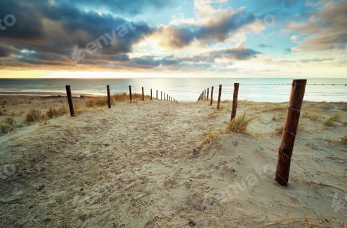 Preview: sand path to North sea beach at sunset