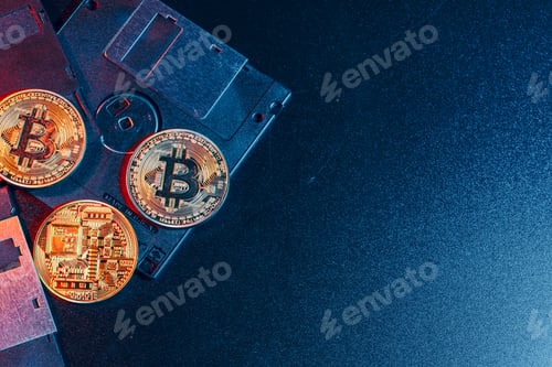 Preview: golden bitcoin on floppy disk