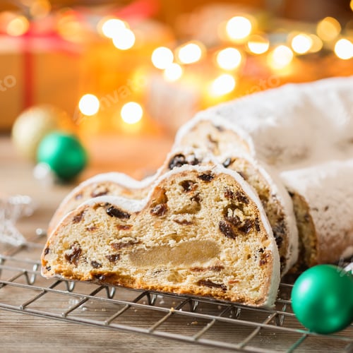 Preview: Traditional European German Christmas homemade Stollen with festive decoration