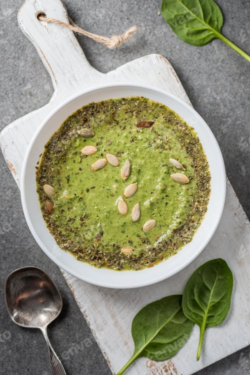 Preview: Top view of vegetable creamy soup with pumpkin seeds