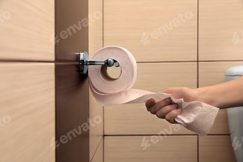 Preview: Woman pulling toilet paper from holder in bathroom