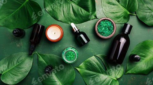 Preview: zero waste eco friendly bathroom concept. reusable cosmetic bottles, essential oils droppers,
