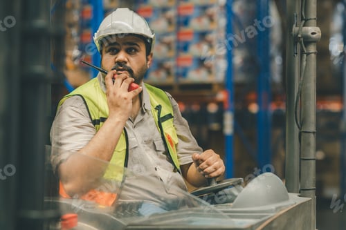 Preview: Man worker at forklift driver happy working in industry factory logistic ship.