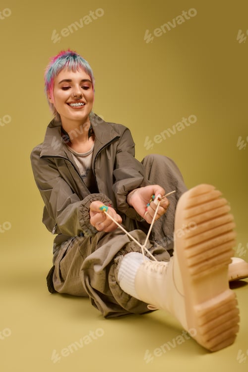 Preview: Colorful hair and joyful spirit showcased in a vibrant studio setting