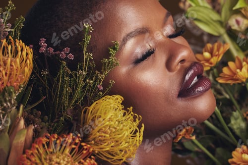 Preview: Black woman, flowers and beauty with face, makeup and natural cosmetic care isolated on studio back