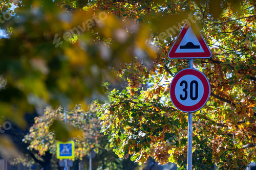 Preview: Cars drive past speed limit signs under vibrant fall foliage during afternoon hours.
