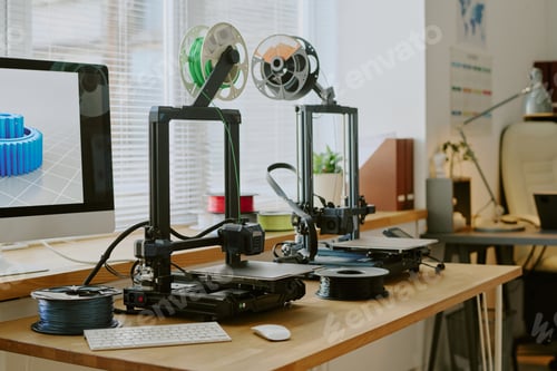 Preview: 3D Printing Machines on Office Desk Near Computer Screen