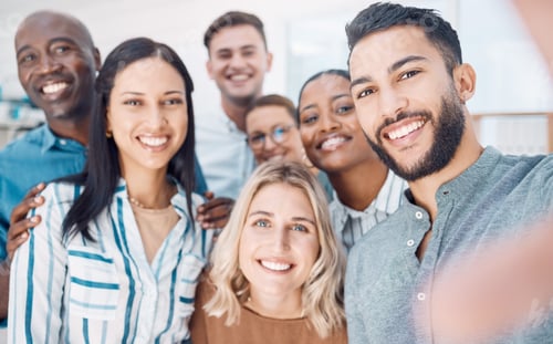 Preview: Selfie, smile and employees working at a corporate company together in an office at work. Face port