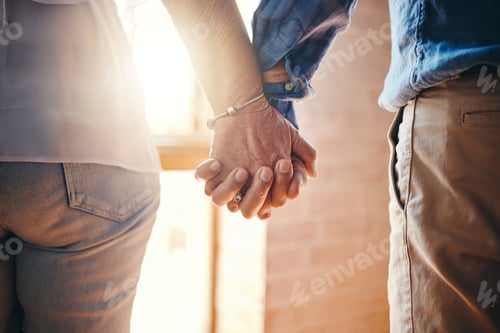 Preview: Love, support and elderly couple holding hands in unity and hope after cancer diagnosis. Trust, hel