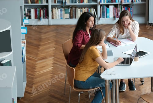 Preview: Young women discussing group project at table in library