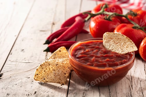 Preview: Spicy chili sauce in bowl with nacho chips