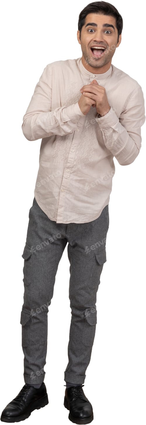 Preview: a man in a white shirt and gray pants posing for a picture