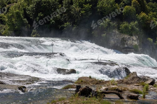 Preview: Schaffhausen Waterfalls, panoramic view with waterfalls in summer, Switzerland