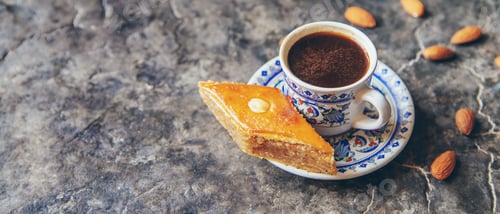 Preview: A cup of Turkish coffee and baklava. Selective focus.