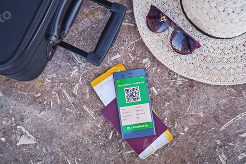 Preview: Smartphone displaying valid digital vaccination certificate for COVID-19, flat lay