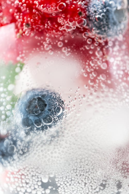 Preview: Fresh blueberries and red currants in cold gassed water. Macro s