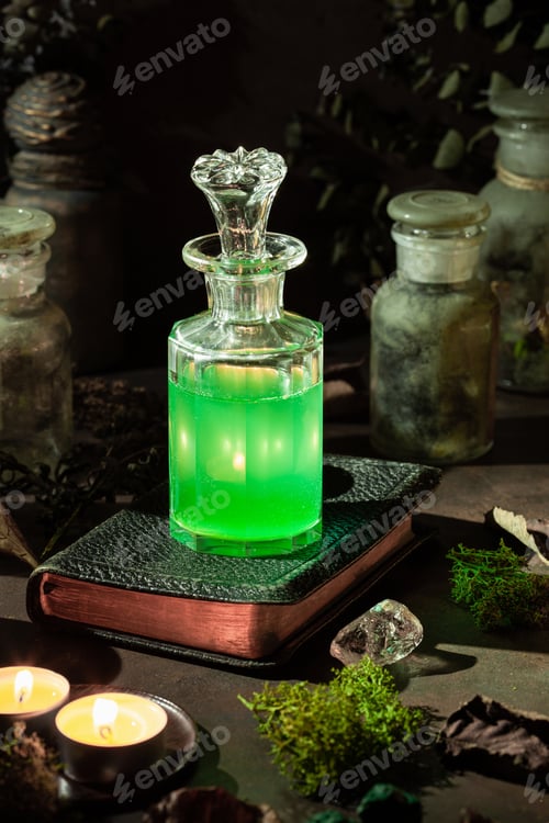 Preview: Witchcraft still life concept with potion, herbs ingredients candles and magical equipment