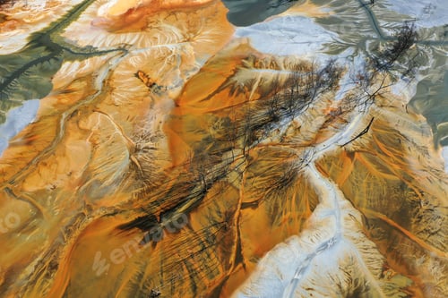 Preview: Aerial view of acid mine water drainage flow, toxic mine waters polluting the environment