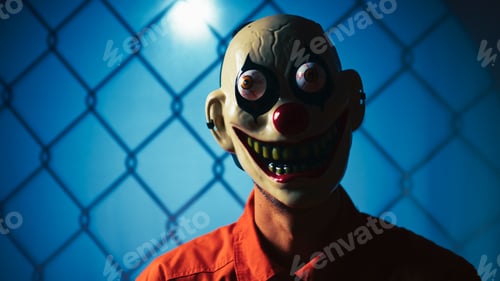 Preview: Scary Prisoner With Clown Mask Against Fence