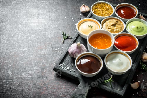 Preview: A variety of delicious sauces with slices of garlic.