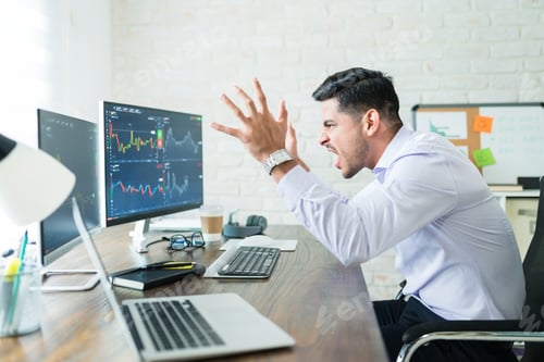 Preview: Male Broker Gesturing And Screaming At Computer
